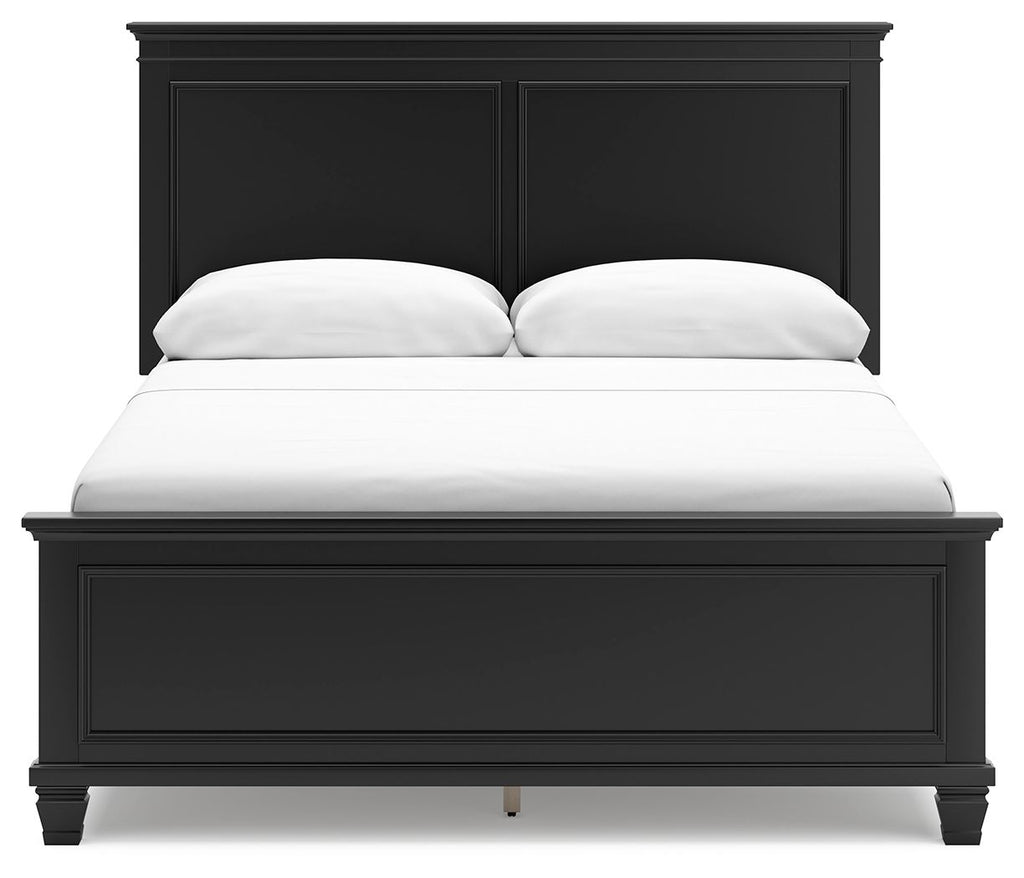 Black panel bed with centered headboard paneling and storage-free frame front.