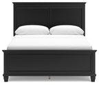 Black panel bed with centered headboard paneling and storage-free frame front.