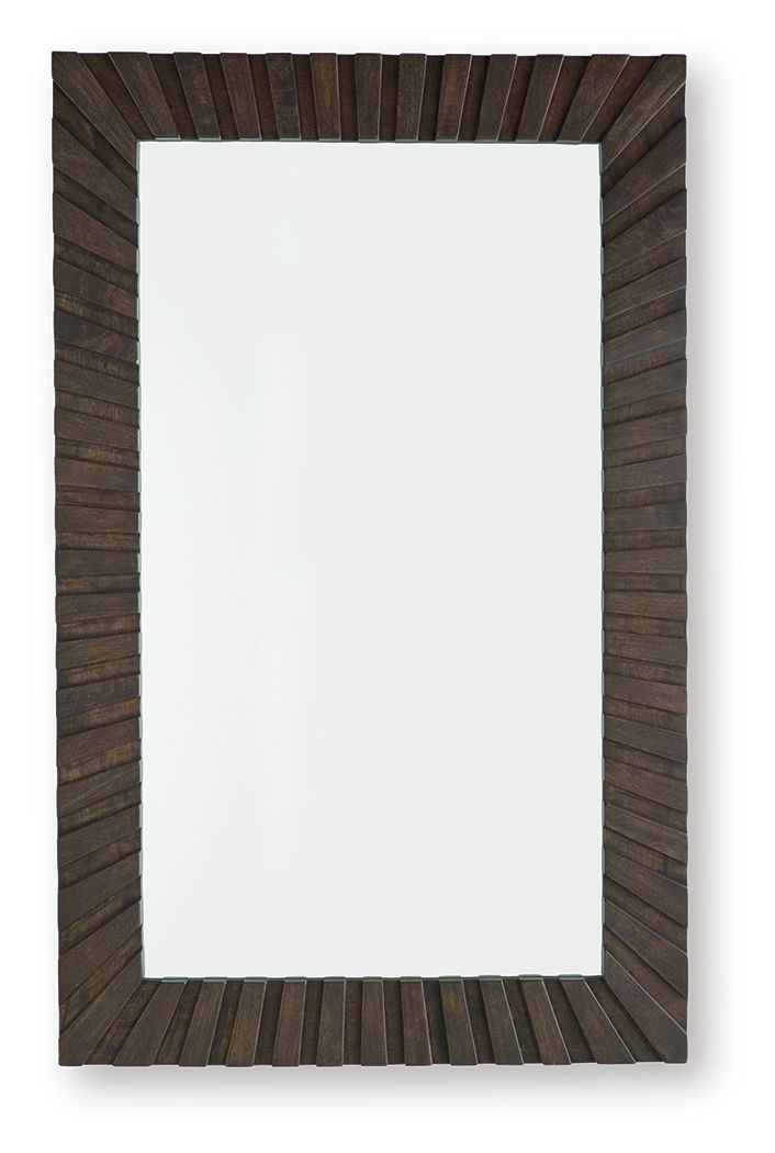 Dark brown slatted accent mirror with rectangular glass panel, vertical wall display
