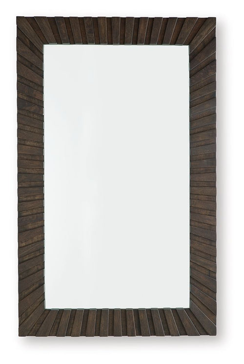 Dark brown slatted accent mirror with rectangular glass panel, vertical wall display