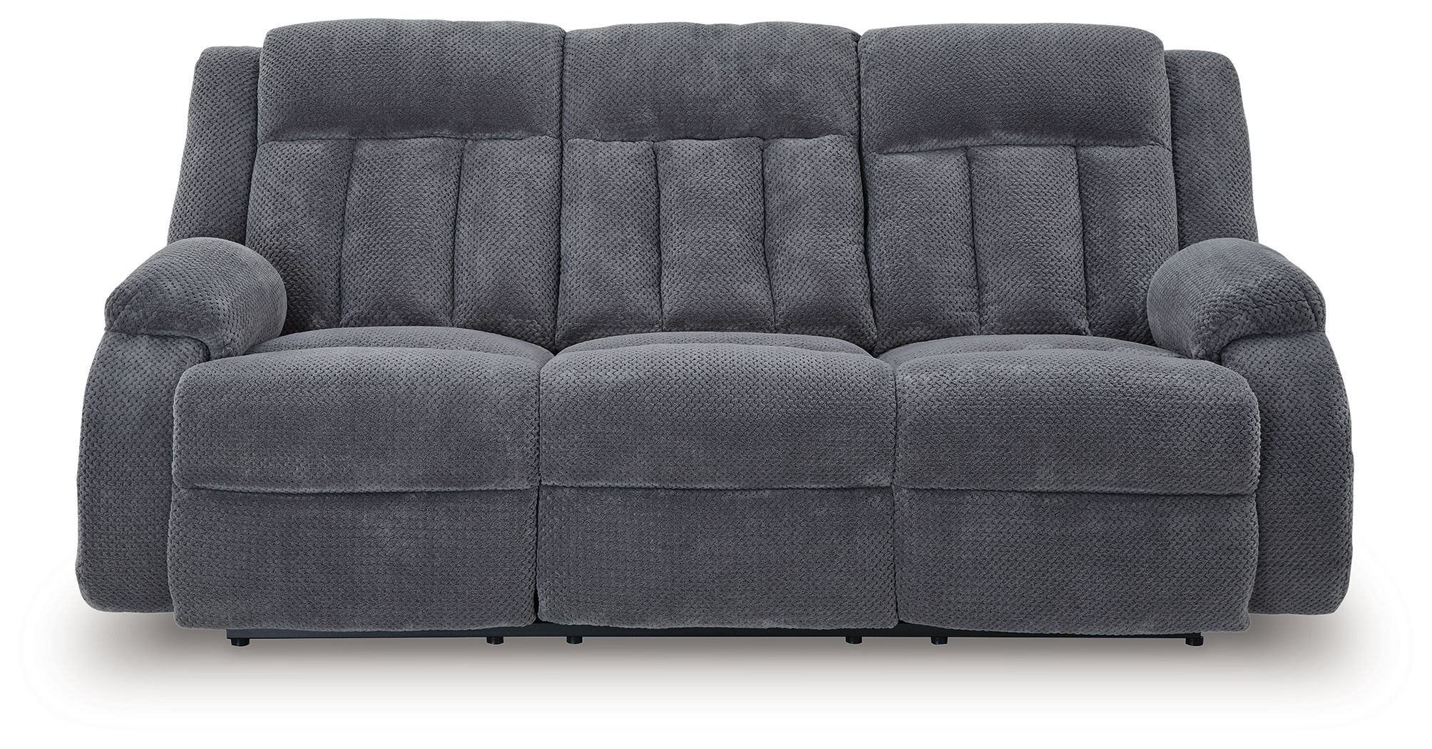 Reclining power sofa, dark gray tufted upholstery with two padded armrests