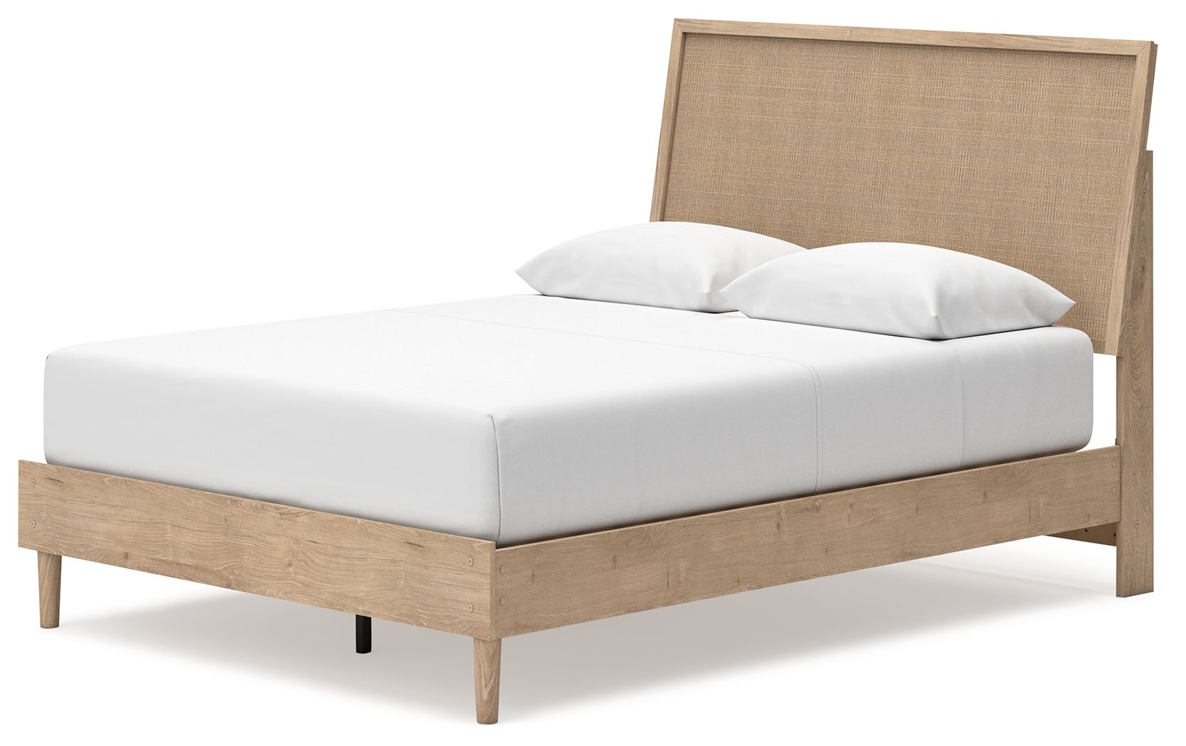 Beige upholstered panel bed with light wood frame and tall headboard