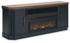 Two-tone TV stand with electric fireplace, light wood top and dark cabinets