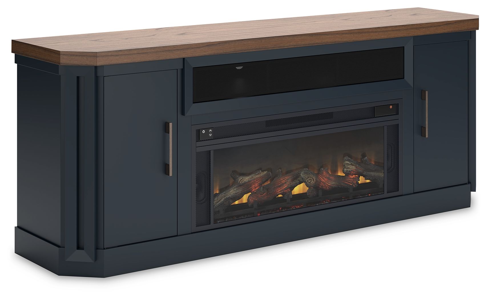 Two-tone TV stand with electric fireplace, light wood top and dark cabinets