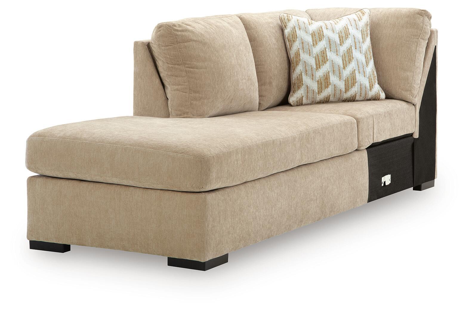 Beige upholstered left-arm facing corner chaise section with dark legs