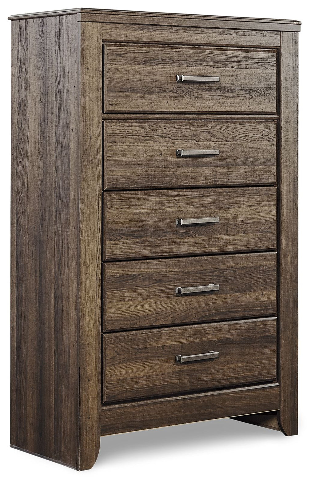 Juararo five-drawer chest in dark brown, angled front view with silver handles