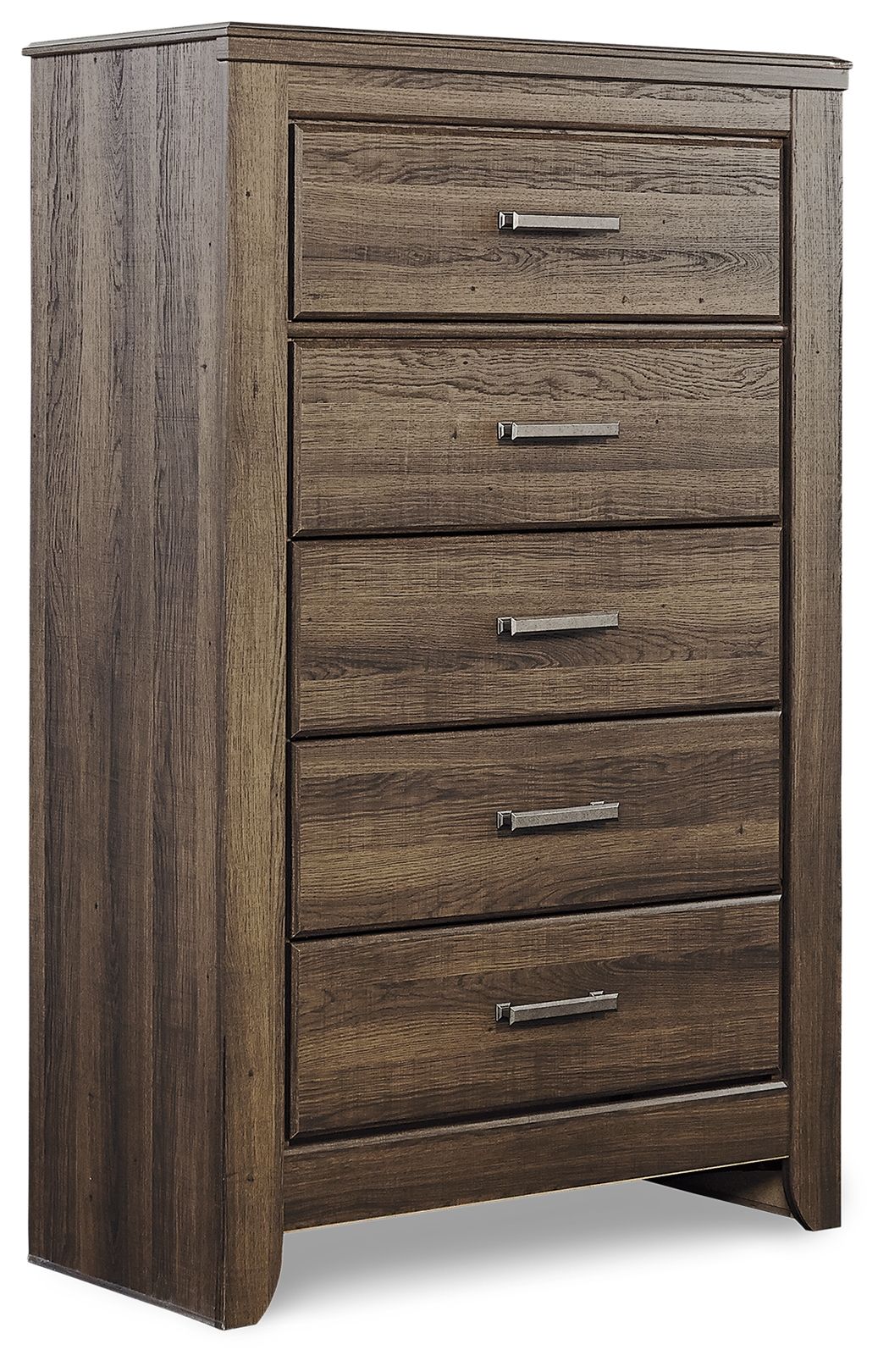 Juararo five-drawer chest in dark brown, angled front view with silver handles