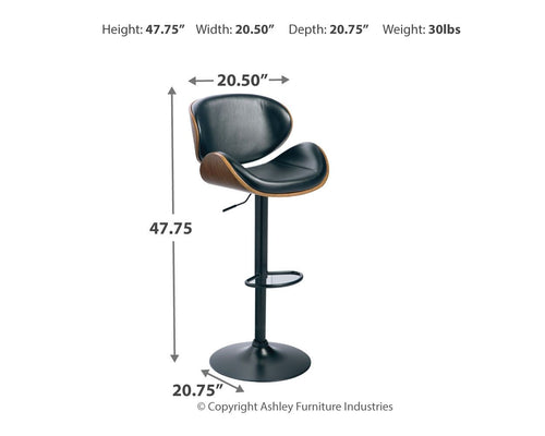 Tall swivel barstool with dark seat and backrest, curved wood sides, black footrest ring