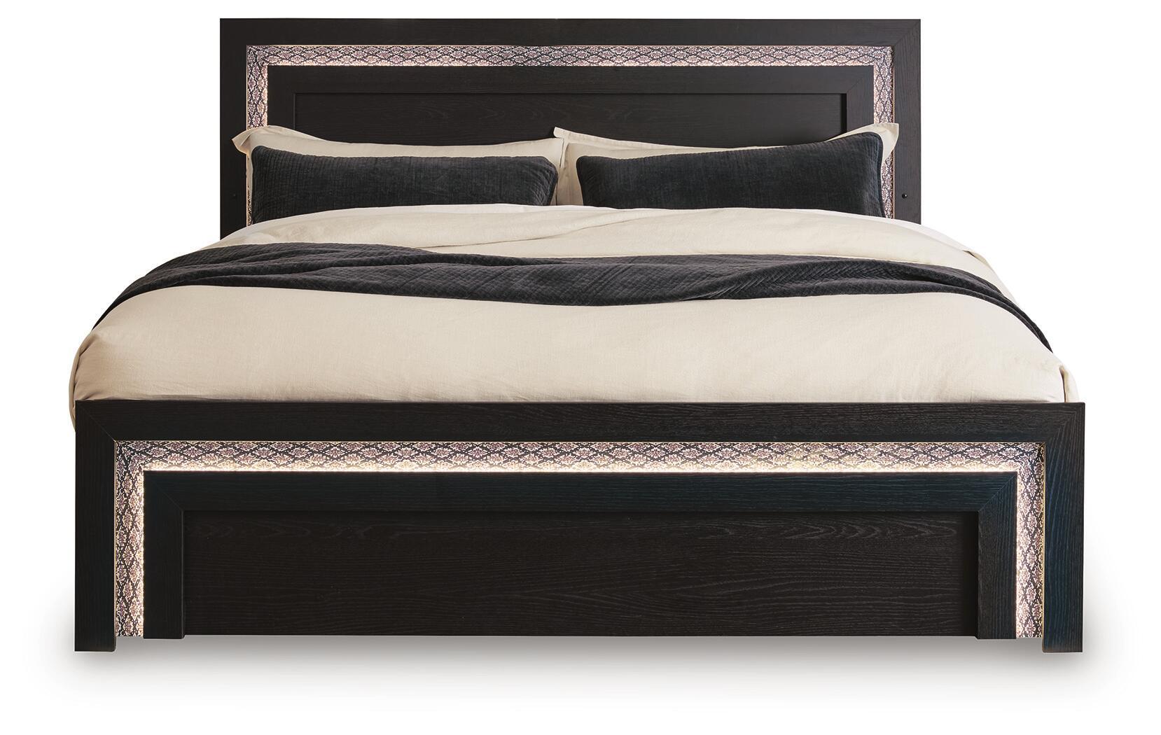 Black panel bed front view with upholstered headboard and side rails, lit trim border