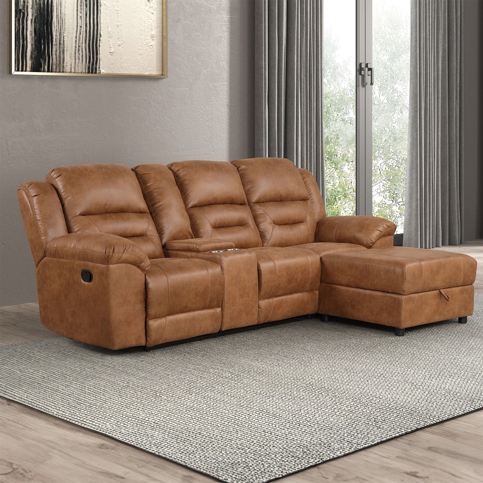 Saddle Brown Leatherette Sectional Sofa w/ Storage & Recliners