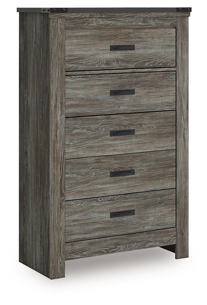 Gray five-drawer chest front view with black bar handles and wood grain