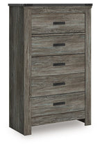 Gray five-drawer chest front view with black bar handles and wood grain