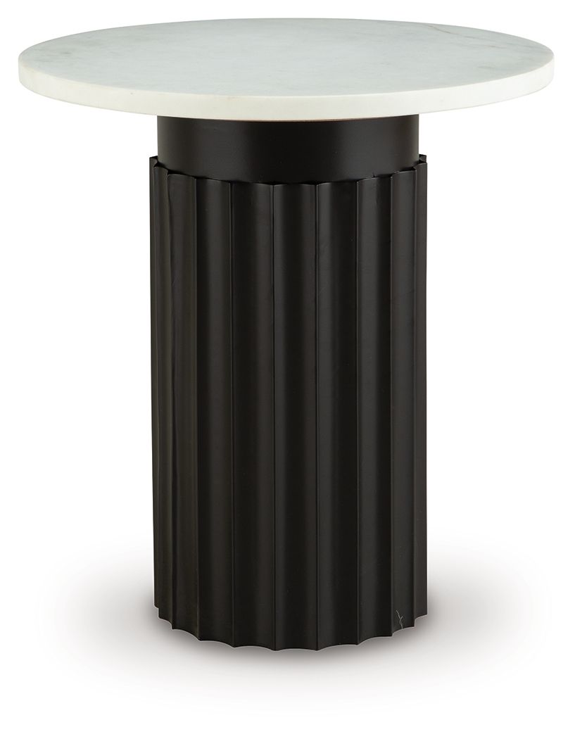 Round white accent table top on black fluted pedestal