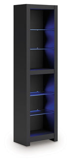 Black tall open bookshelf with multiple shelves and blue LED back lighting