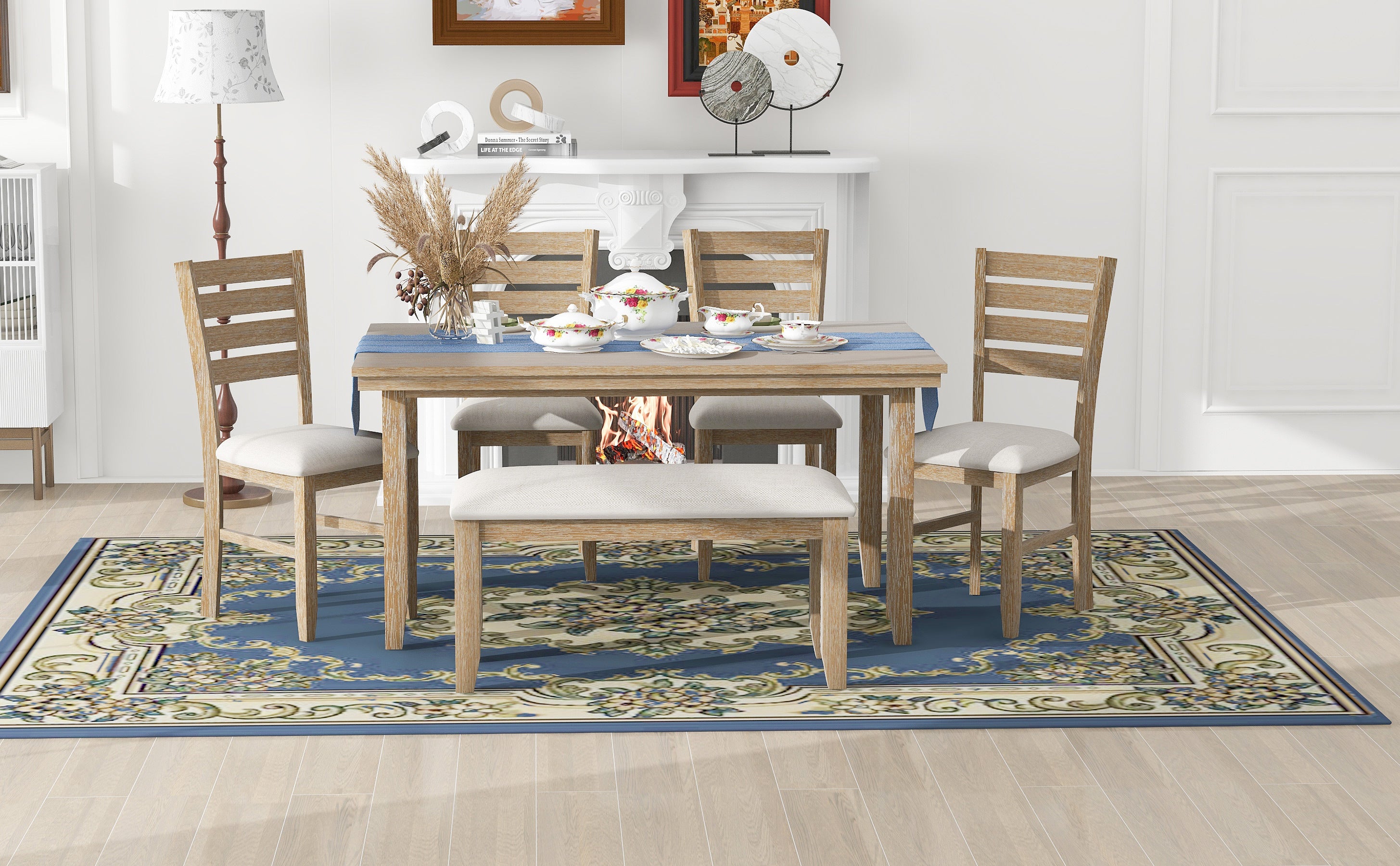 6-Piece Rustic Dining Set w/ Bench - Natural Wood