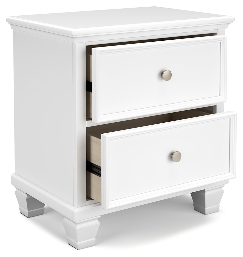 White two-drawer night stand with top drawer ajar and round knobs