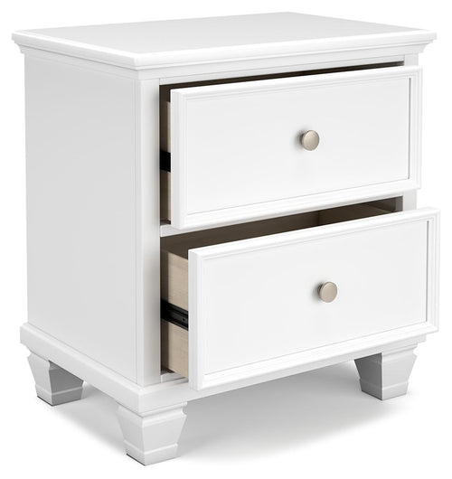 White two-drawer night stand with top drawer ajar and round knobs