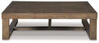 Gray rectangular cocktail table with open shelf and sturdy block base