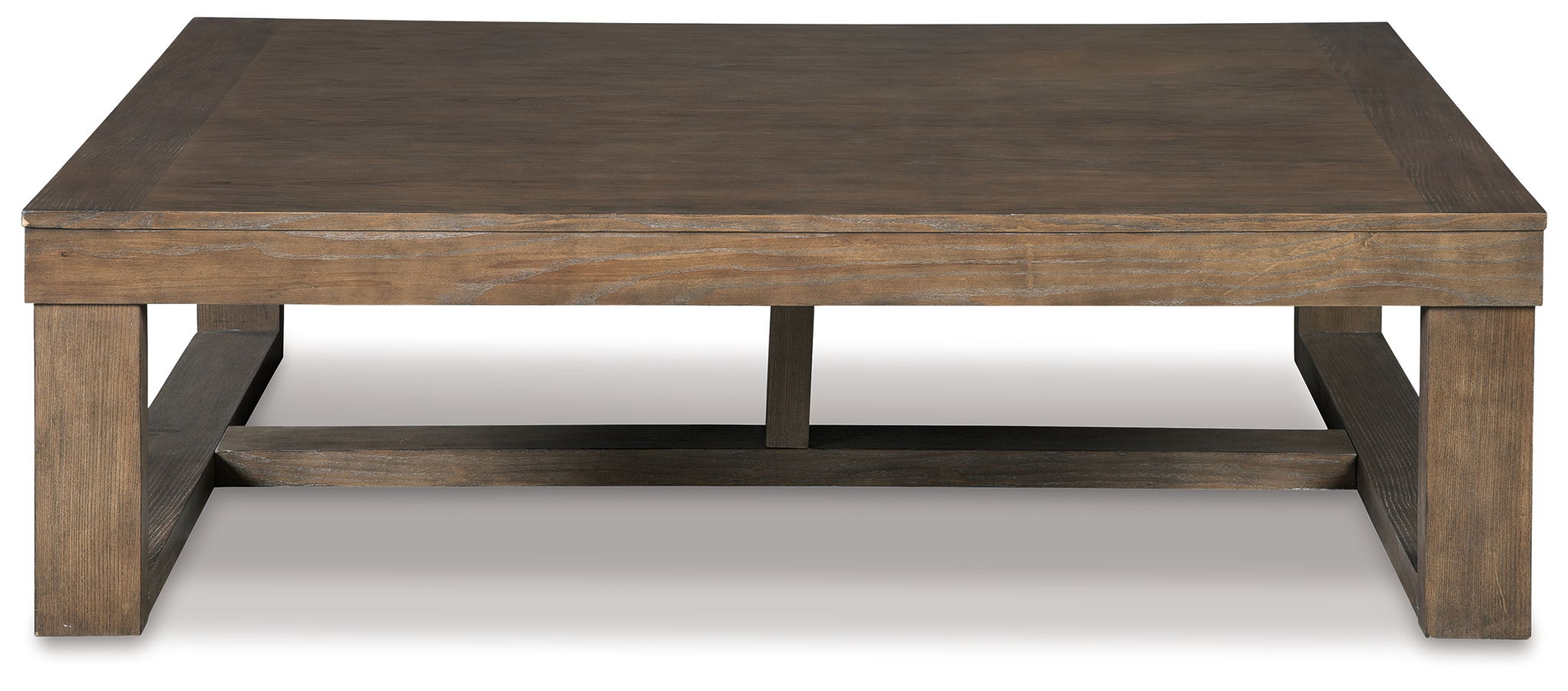 Gray rectangular cocktail table with open shelf and sturdy block base