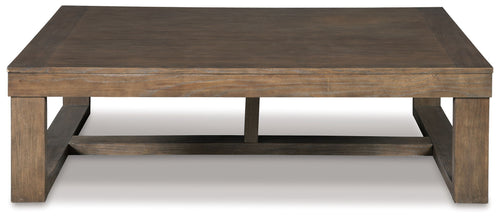 Gray rectangular cocktail table with open shelf and sturdy block base