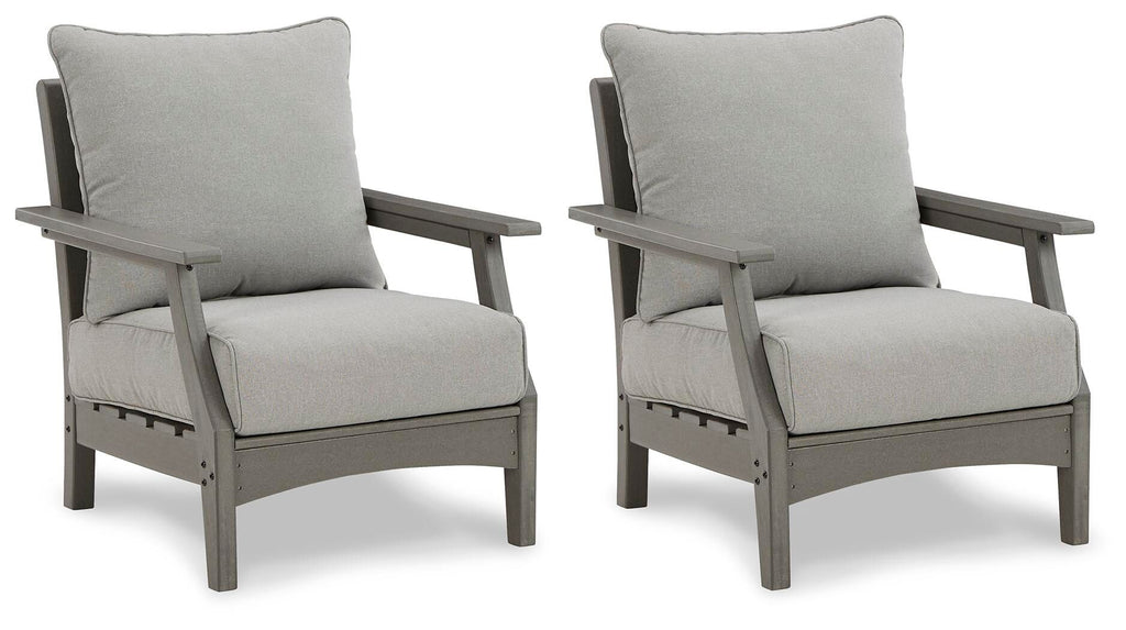 Set of 2 gray lounge chairs with seat and back cushions, straight wooden arms