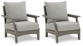 Set of 2 gray lounge chairs with seat and back cushions, straight wooden arms