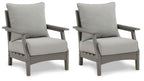 Set of 2 gray lounge chairs with seat and back cushions, straight wooden arms