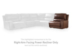 Brown leather right-arm power recliner section with tall back and armrest