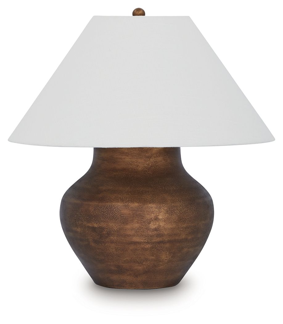 Antique copper metal table lamp with white fabric shade and rounded pedestal base