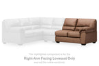 Caramel upholstered right-arm facing loveseat with cushioned seat and back