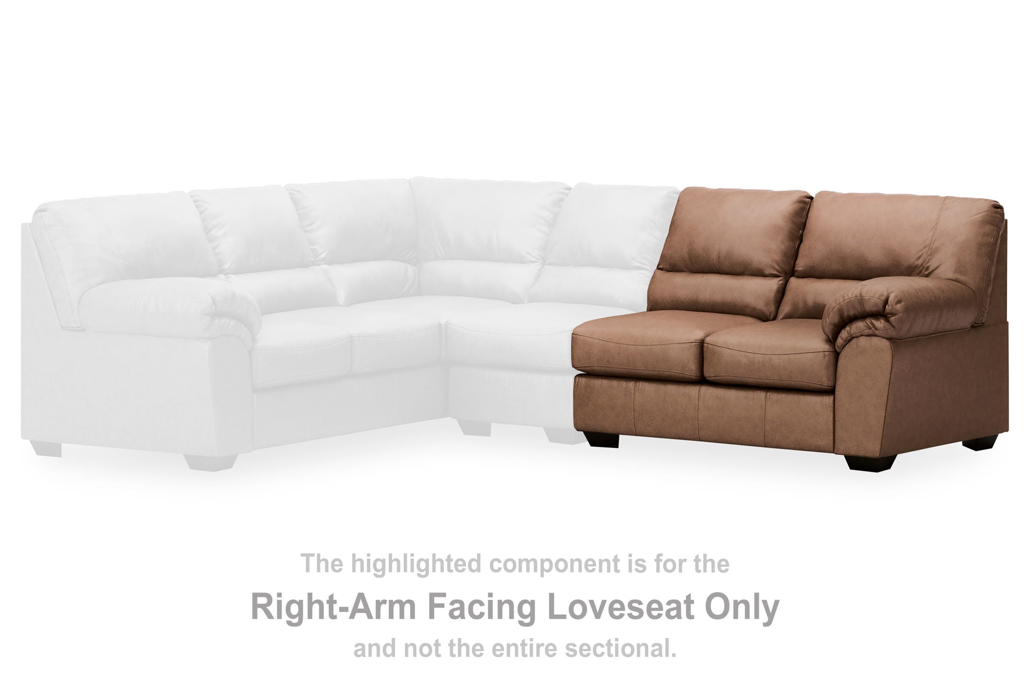 Caramel upholstered right-arm facing loveseat with cushioned seat and back