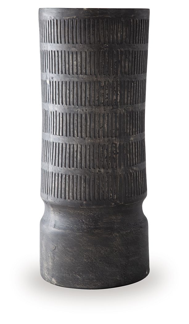 Beninworth vase, tall black textured ceramic with vertical ridges and wide base.