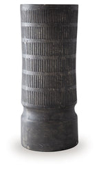 Beninworth vase, tall black textured ceramic with vertical ridges and wide base.