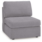 Granite armless chair with gray fabric seat and back, single-piece cushion