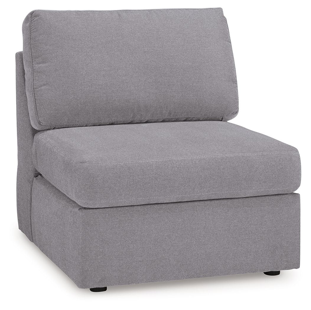 Granite armless chair with gray fabric seat and back, single-piece cushion