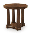 Round wooden side table with dark brown pedestal base and curved apron