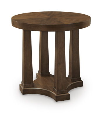 Round wooden side table with dark brown pedestal base and curved apron