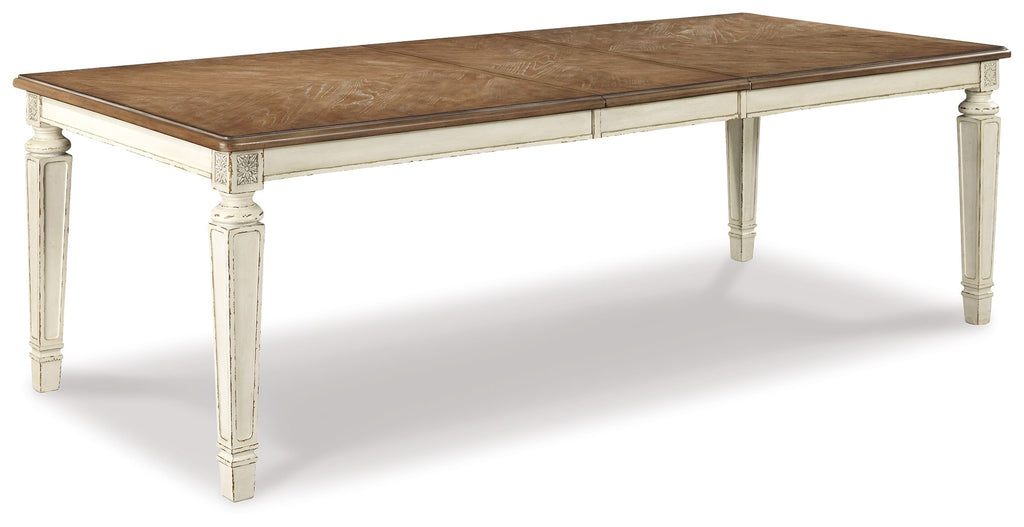Dining room extension table with chipped white frame and dark wood rectangular top