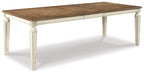 Dining room extension table with chipped white frame and dark wood rectangular top