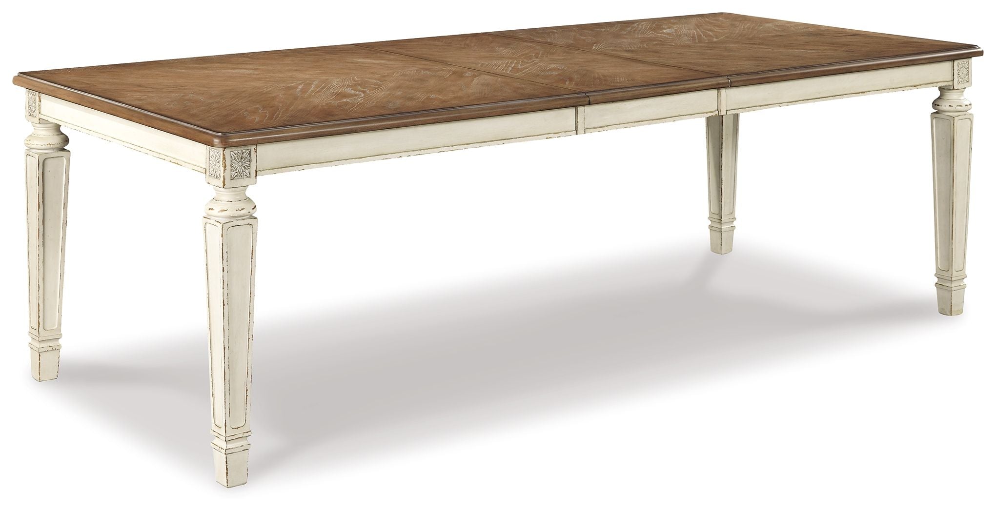 Dining room extension table with chipped white frame and dark wood rectangular top