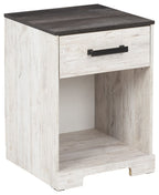 Whitewash one-drawer night stand with charcoal top and black bar drawer pull