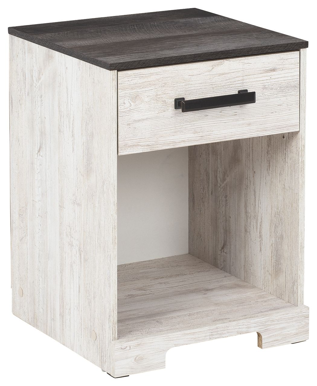 Whitewash one-drawer night stand with charcoal top and black bar drawer pull