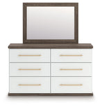 Six-drawer dresser with mirror, white drawer fronts, warm wood top and frame, gold pulls.