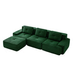 Green corduroy modular sectional sofa with chaise and three-seat seating, ottoman
