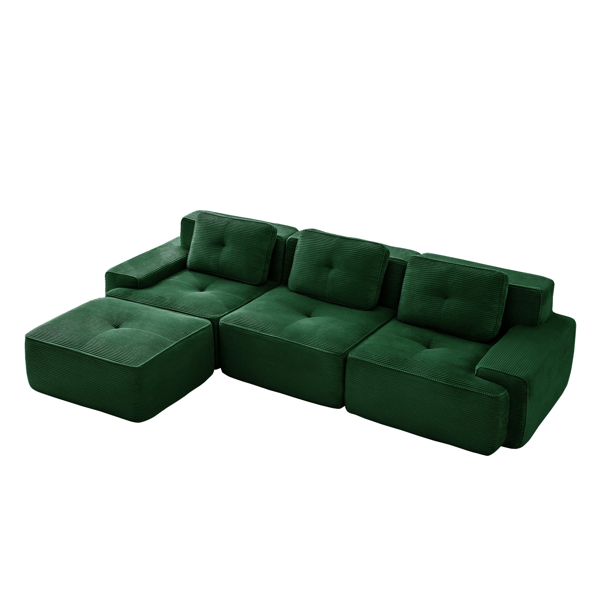 Green corduroy modular sectional sofa with chaise and three-seat seating, ottoman