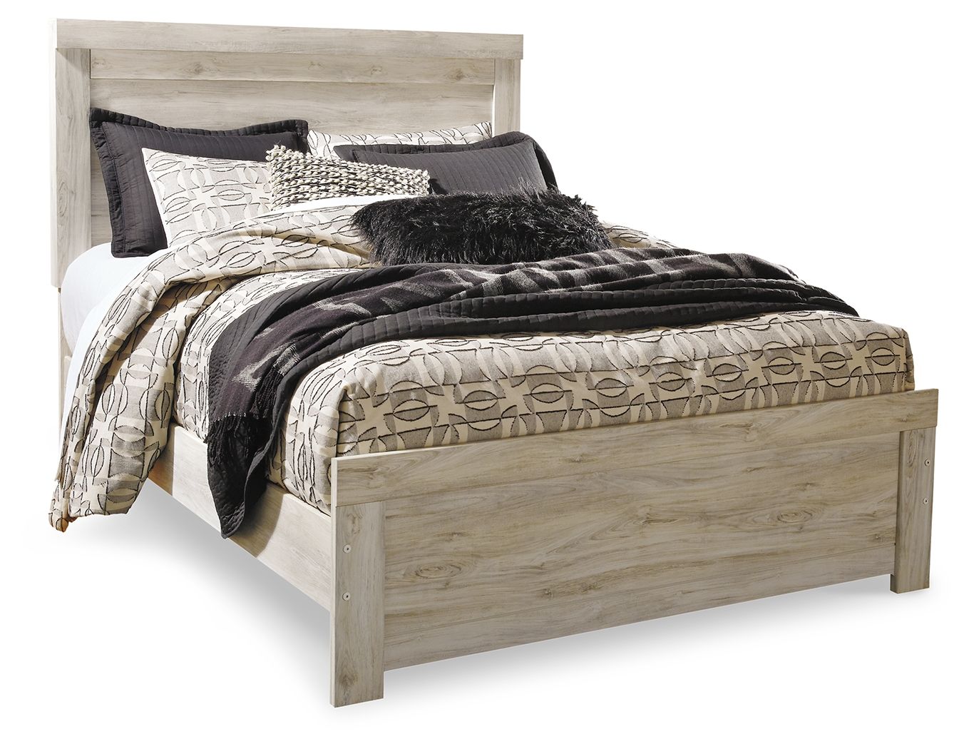Light wood panel bed frame with dark and beige bedding