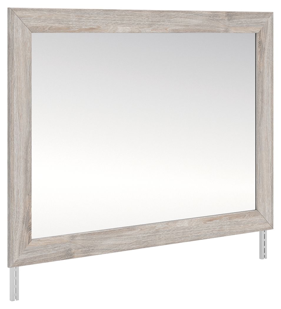 Broachmyn gray bedroom mirror with rectangular frame and angled feet