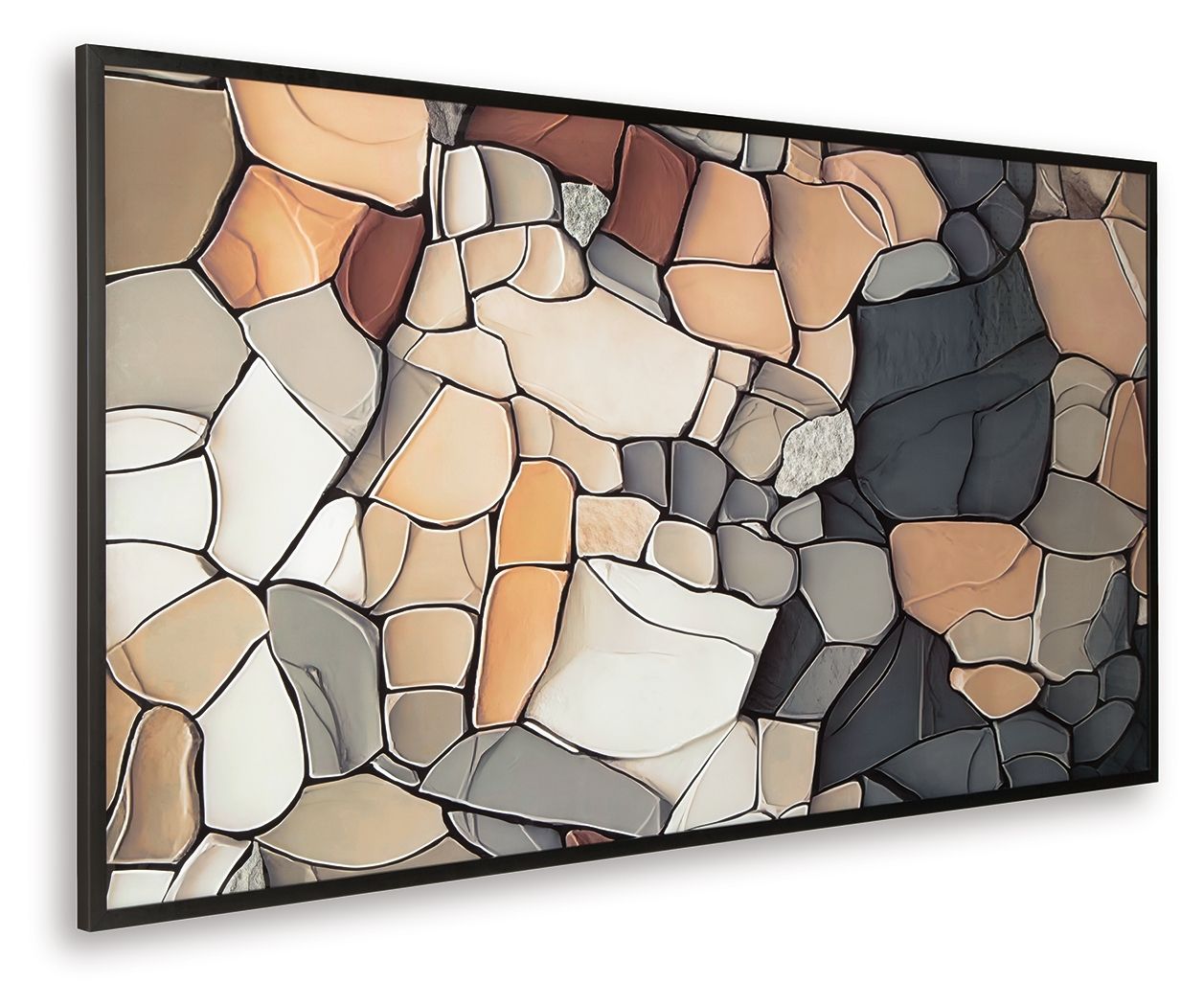 Wide framed abstract stone wall art print with black, tan, and white mosaic shapes