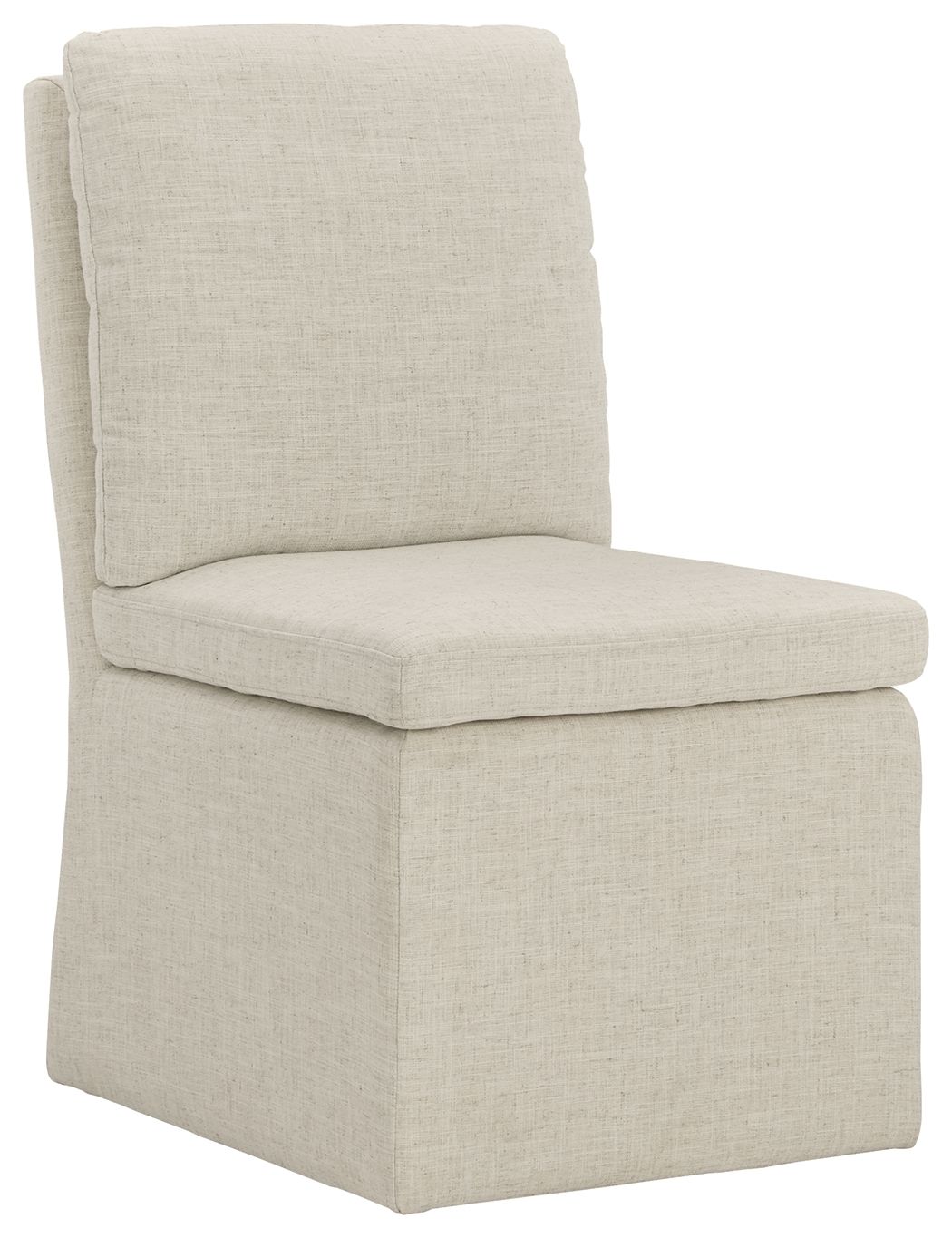 Upholstered dining side chair in oatmeal with tall backrest and cushioned seat