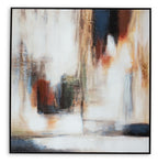 Abstract wall art in black frame with white background, teal and gold brushstrokes.